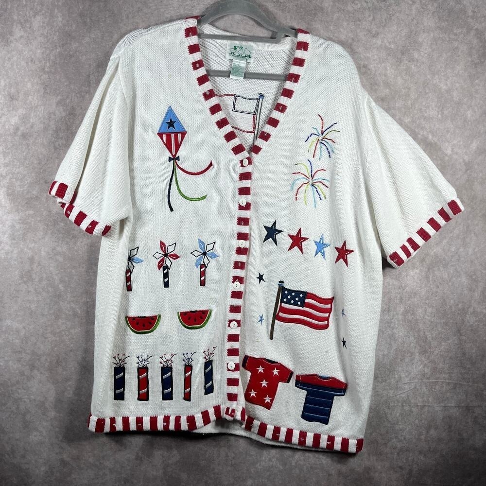 The Quacker Factory Cardigan Sweater Women Size 1X White Knit Patriotic USA Flag